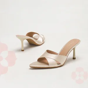 Women Pointed Toe Satin Mules Elegant Crisscross Straps Stiletto High Heels Summer Silent Slides Banquet Party Dress Sandals