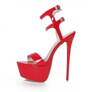 Elegant red patent leather platform sandals featuring an ultra-high 16cm stiletto heel