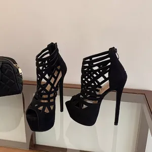 16cm black suede-like platform high heels with sexy cutout design for runway and parties