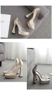 Detailweergave van elegante plateauhakken met strass-steentjes, transparante zijkanten en kelkhak