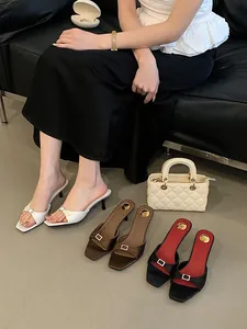 Summer square toe high heel mules with rhinestone buckle and stiletto heel