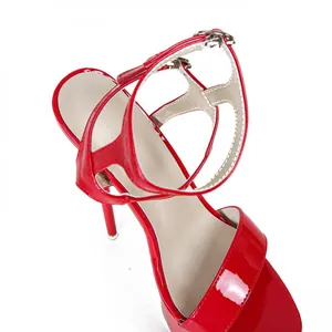 Detailed view of red patent leather high heel sandals with 16cm stiletto