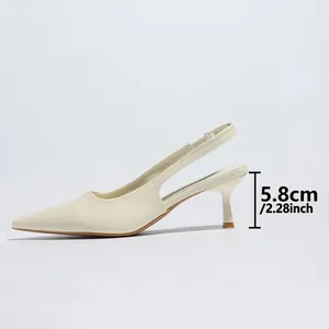 Cream pointed-toe slingback kitten heel showing 5.8cm or 2.28inch heel height detail