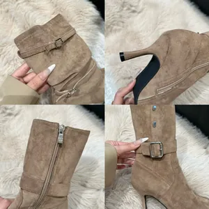 Detailed macro views of khaki suede slouchy stiletto boots with buckle and zipper