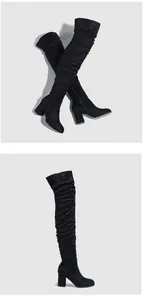 Elegant black suede over-the-knee boots with chunky high heels and slouchy design