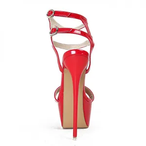 Rear view of red patent leather platform stiletto sandals with 16cm ultra high heel