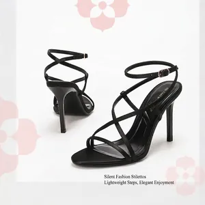 Women Satin Stiletto High Heeled Sandals Cross Thin Straps Open Toe Ankle Strap Elegant Dress Sandals For Party Banquet Wedding