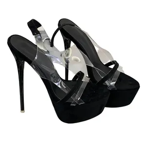 Detailed side view of 16cm black stiletto platform sandals with transparent straps