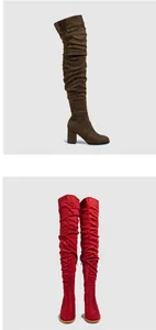 Suede over-the-knee boots with chunky high heels and pleated shaft in brown and red.