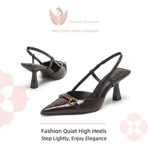 Patent Leather Pointed Toe High Heels Gold Horsebit Buckle Slingback Pumps Glossy Croc Texture Elegant Professional Commute Women Shoes