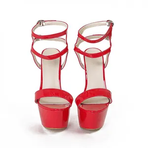 Elegant red patent leather platform sandals with 16cm thin high heels and adjustable ankle straps