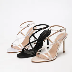 Elegant satin stiletto sandals with criss-cross thin straps and open toe design in 3 colors.
