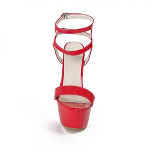 Front detail view of a stylish 16cm red patent leather platform high heel sandal.