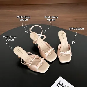 Women Satin Bowknot Stiletto Heel Sandals French Style Square Toe Open Toe High Heel Mules Apricot Wedding Party Dress Shoes