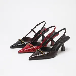 Elegant crystal texture high-heeled pumps with metal buckle for women's office wear.