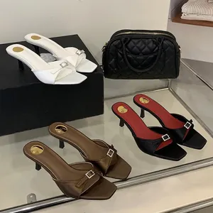 Fashionable square toe high heel mules with rhinestone buckle in multiple colors
