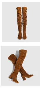 Slouchy brown suede over-the-knee boots featuring high chunky heels and side zipper detail