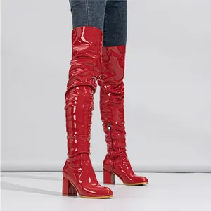 Stivali Sopra il Ginocchio in Pelle Verniciata a Specchio da Donna Moda Tacco Largo Increspati Con Cerniera Laterale