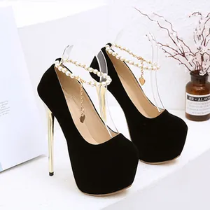 Elegant 16cm black suede platform high heels with decorative pearl chain and heart charms