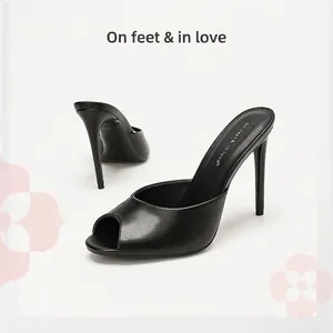 Women Sexy Peep Toe Stiletto Mules Mirror PU Leather High Heel Sandals Elegant Commuter Slip On Summer Shoes Office Stiletto Mules