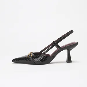 Elegant black crystal texture slingback high heels with decorative gold metal buckle
