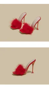 Detailed close-up of sexy red faux-fur high-heel mules with transparent stilettos
