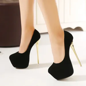 Close-up detail of sexy black suede platform stiletto pumps featuring high gold heels