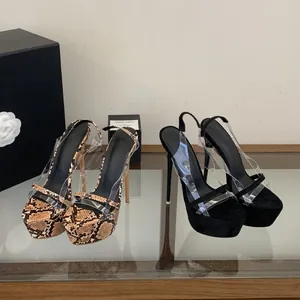 Sexy 16cm platform high heel sandals with clear straps in snakeskin and black finishes.