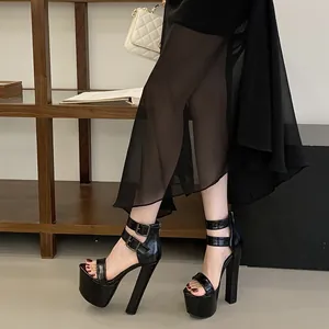 Damen Plateau Blockabsatz Sandalen Runde Zehe Knöchel Doppel Schnallenriemen Glänzend Mode Laufsteg Fußbekleidung Abend Party Kleiderschuhe