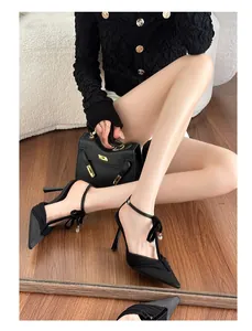 Elegant black lace mesh pointed high heels sandals featuring bow detail with pendant