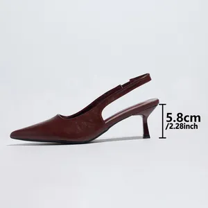 Detailed side view of wine red pointed-toe slingback heel with 5.8cm/2.28inch height