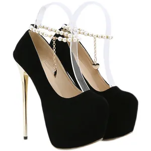 Black suede 16cm ultra high heels stiletto pumps with pearl ankle chain charms
