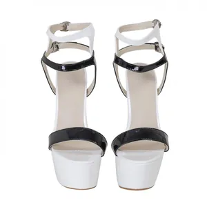 Detailed front view of women's 16cm super high heel platform sandals in black and white