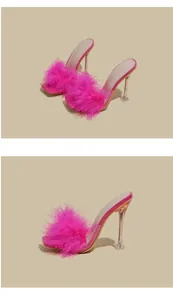 Side and top view details of vibrant pink fur mules with clear glass heels.