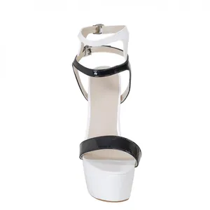 Detailed front view of stylish black and white platform sandals with 16cm stiletto heel