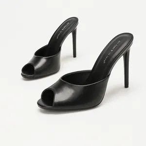 Elegant black peep-toe stiletto heeled mules for women, classic open-toe high heels.