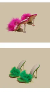 Detailed view of vibrant feathered mules with transparent crystal heels