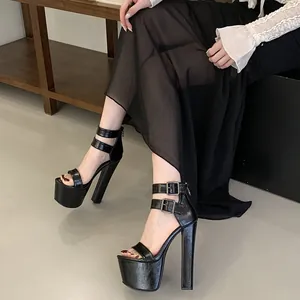 Elegante schwarze Plateau-Sandalen mit Blockabsatz und doppelten Riemchen mit Schnallen.