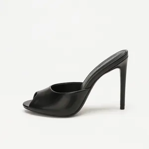 Elegant black peep-toe stiletto mules with high heels for versatile summer commuting