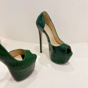 Detail view of sexy 16cm dark green crocodile pattern platform stiletto peep-toe pumps.