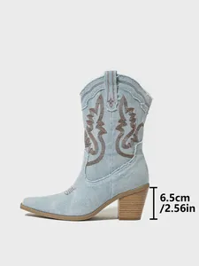 Detail view showing 6.5cm heel height on embroidered denim western cowboy boot