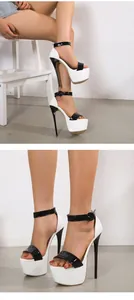 High-detail view of sexy black and white platform stiletto sandals with ankle strap