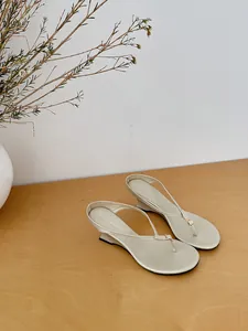 French minimalist wedge thong sandals with delicate thin straps and gold metallic buckle.