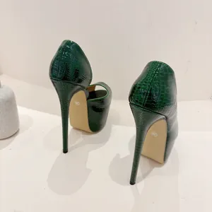 Detailed back view of 16cm dark green crocodile print peep-toe platform stiletto heels