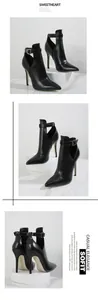 Schwarze spitze Stilettostiefel mit Ausschnitten und Knöchelriemen in verschiedenen Winkeln