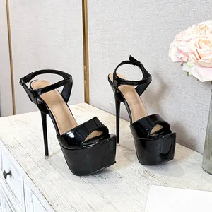 Sexy black patent leather super high heel sandals with thick platform and ankle strap