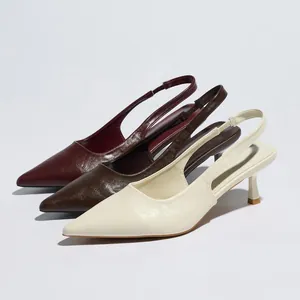 Elegant pointed-toe slingback kitten heels in burgundy, dark brown, and off-white leather