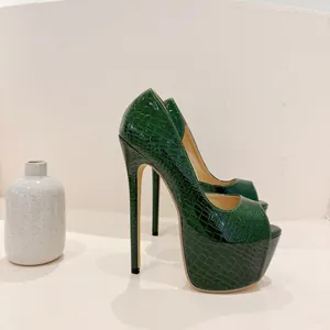 Detailed side view of 16cm dark green crocodile embossed platform stiletto heels
