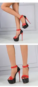 Side and front view detail of sexy red and black color block platform stiletto sandals