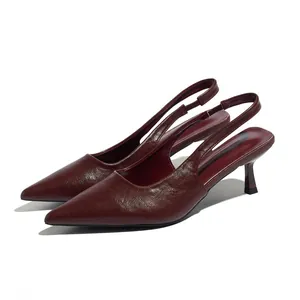 Elegant burgundy pointed-toe slingback kitten heels featuring premium leather texture